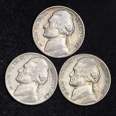 #ad 1943 P D S Jefferson Nickel Set 3 Coin Lot Silver War Nickels Nice GOOD VG $11.54
