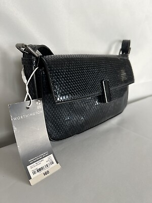 #ad Worthington Mini Faux Black Snakeskin Flap Shoulder Bag Purse NWT $23.47