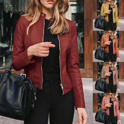 #ad Ladies Casual Zip Up Faux Leather Jacket Biker Blazer Coat Women Outwear Tops ❉ C $25.32