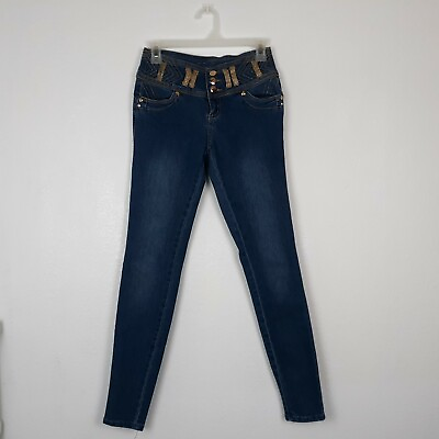 #ad Clash Jeans Size 3 Juniors Gold Bling Skinny Mid Rise Stretch Medium Wash Denim $15.29