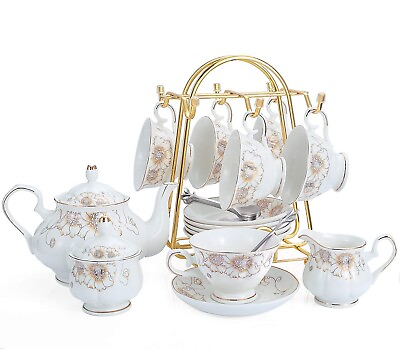 #ad Tea Set 22 Piece Ceramic Coffee Tea Gift Sets Cups Saucer Teapot Service for 6 $52.99