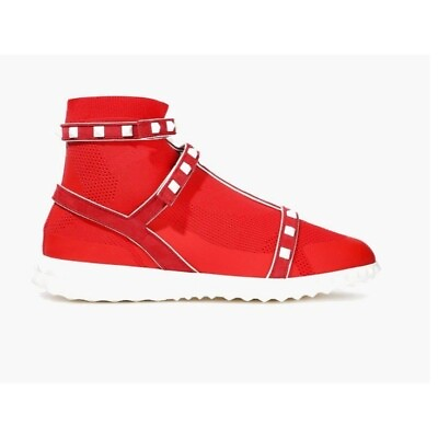 #ad VALENTINO GARAVANI Rockstud Stretch Knit Red Tomato Hi Top Sneakers Sz 38 8 NEW $700.00