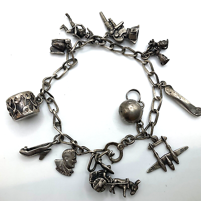 #ad Vintage 1940#x27;s Sterling Charm Bracelet WWII Rare Roosevelt 2 Moveable 11 Charm $99.00