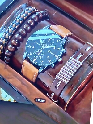#ad #ad Watch Gift Set Men Gents Leather Strap Brown 3 Bracelets Watches $12.25