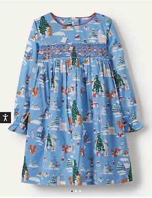 #ad Mini Boden Smocked Dress Blue Woodland Christmas Size 7 8 $28.99