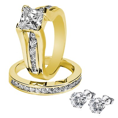 #ad 14k Gold Plated Princess AAA CZ Women#x27;s Wedding Ring Set Free Stud Earrings $16.99