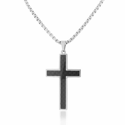 #ad EDFORCE Stainless Steel Silver Tone Black Carbon Fiber Statement Cross Necklace $19.99