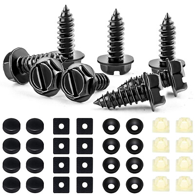 #ad 8 Black License Plate Screws Stainless Steel Bolts Caps Car Dealer Fasteners Kit $5.29