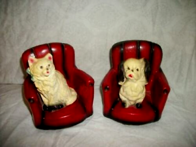 #ad 1940s BOOKENDS CHALKWARE PLASTER RED CHAIR DOG CAT CARNIVAL PRIZE ROBIA WARE ART $54.46