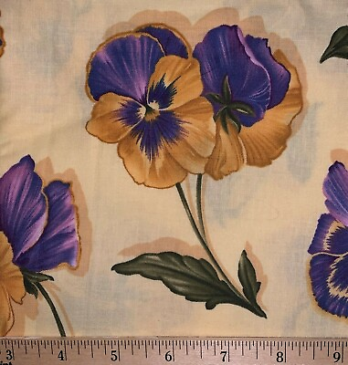 #ad Fabric Cotton 100% Floral Yellow Purple Pansy Quilting Masks Sell by 1 2 Yard B1 $4.95