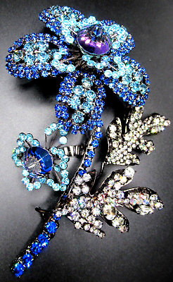 #ad LAWRENCE VRBA 6 1 2quot; High Dome Rivoli Rhinestone Blue Flower Pin Brooch $699.99