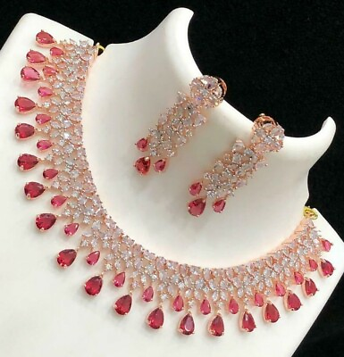 #ad Indian Bollywood Style CZ AD Wedding Rose Gold Plated Jewelry Red Necklace Set $99.99