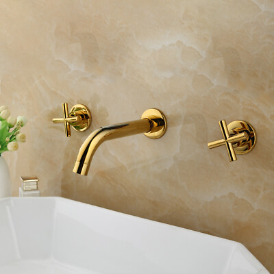 #ad 3PCS Golden Bathroom Sink Faucet Dual Handles Brass Mixer Wall Mounted Basin Tap $59.99