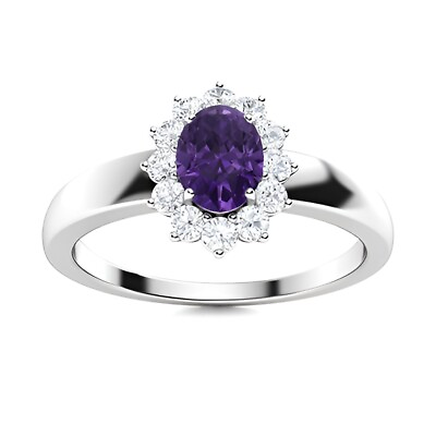 #ad Amethyst Brilliant Cut Oval 7x5mm Holo Accents Ring With Rhodium Plated $35.60