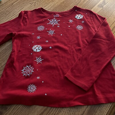 #ad Croft And Barrow Red Silver Glitter Snowflake Long Sleeve T Shirt Petite Medium $9.00