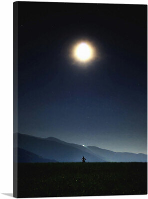 #ad ARTCANVAS Man Standing Looking at Bright Moon in the Night Canvas Art Print $75.64
