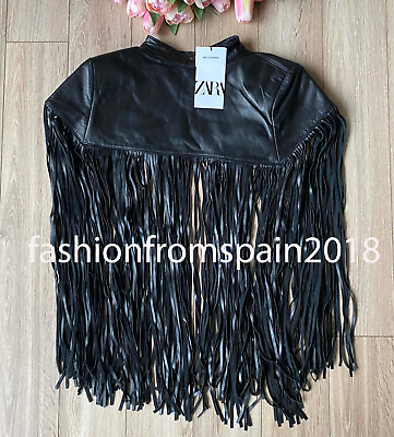 #ad ZARA NEW WOMAN SHORT LEATHER CAPE WITH FRINGING BLACK XS SM L 3920 010 $139.99