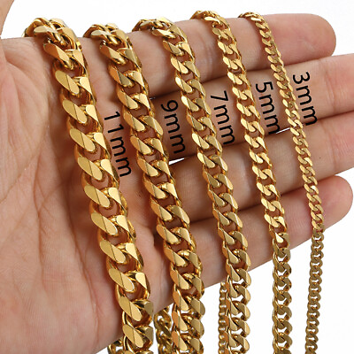 #ad 14k Gold Plated 16 24quot;Mens Cuban Curb Necklace Chain Stainless Steel 3 5 7mm $9.39