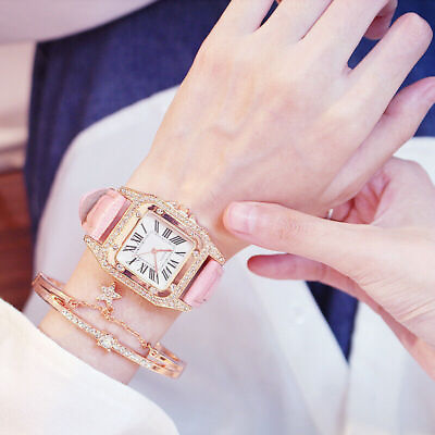 #ad #ad Women Fashion Leather Strap Square Diamond Quartz Wrist Bracelet Watch Gift Set $7.88