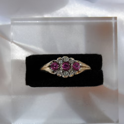 #ad Vintage Antique Ruby Three Stone Ring 925 Sterling Silver Round Cut Lab Created $161.49