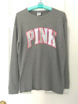 #ad VICTORIA SECRET PINK Iridescent Sequin Embell Sweatshirt Top Soft Fleece Gray XS $21.47