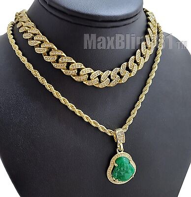Iced Gold Plated Jade Buddha Cubic Zirconia Necklace amp; 18quot; Cuban Chain Necklace $11.99