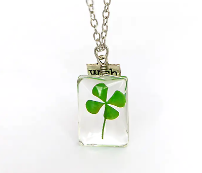 #ad REAL Four Leaf Clover in Acrylic Pendant Necklace Irish Luck St Patrick Day $12.94