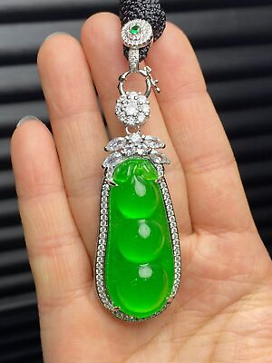 #ad Certified Natural A high Ice Green jade Jadeite Carved Pendantamp;Necklace 福豆 $45.90