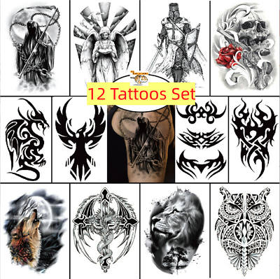 #ad 12 Sheets Set Temporary Fake Tattoo Stickers Waterproof Eagle Wolf Arm Body Art $7.95