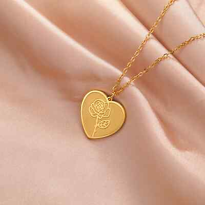 #ad 12 Birth Months Flower Heart Necklace Stainless Steel Jewelry Birthday Gift $7.89
