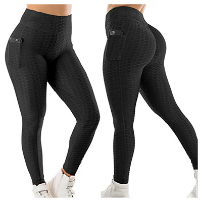 #ad Women#x27;s High Waist Yoga Pants Anti Cellulite Pocket Leggings Push Up Compression $13.99