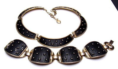 #ad #ad Vintage Black amp; Gold Necklace Bracelet SET Mid Century $49.99