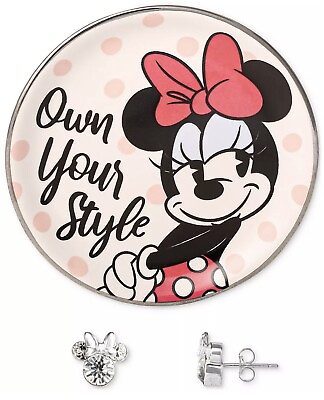 #ad Disney Minnie Mouse Clear Crystal Stud Earrings in Sterling Silver Trinket Dish $39.95