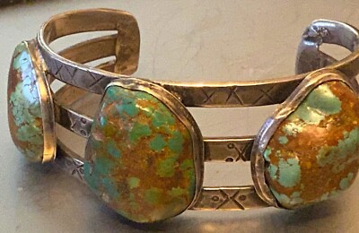 #ad 1930s Hand Constructed Chiseled amp; Stamped Navajo 3 Natural Turquoise Bracelet $850.00