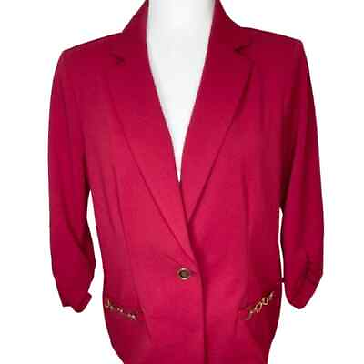 #ad NYCC Red Blazer gold chain accents MED lightweight business sleeve details $25.00