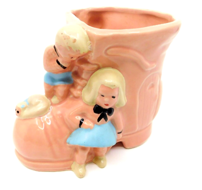 #ad Vintage Pink Glazed Pottery Kids on a Shoe Boot Planter Made in USA #525 $14.95