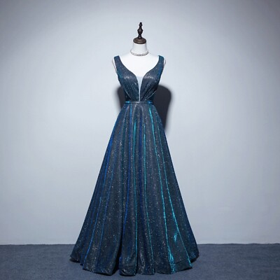#ad Starry Peacock Blue Prom Dresses A Line V Neck Sequins Long Satin Party Gowns $106.80