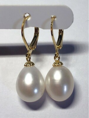#ad natural AAA 9 10 mm South Sea white Pearl Earrings 14K YELLOW GOLD $21.95