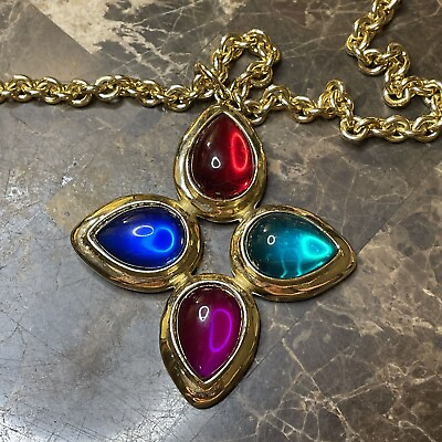 #ad Large Cabochon Maltese Cross Pendant with necklace stunning $90.00