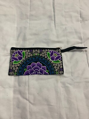 #ad Embroidered Long Wallet Zipper Clutch Purse Purple Peony 8.5x5quot; $12.99