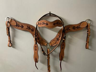 #ad Western Leather Tack Set of headstall and Breast Collar with Carved Arrow $129.99