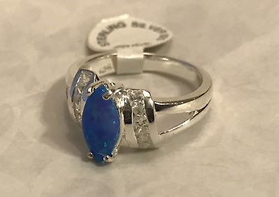 #ad Classy Sterling Marquise Cut Blue Opal Clear CZ Accents Size 9 $19.85