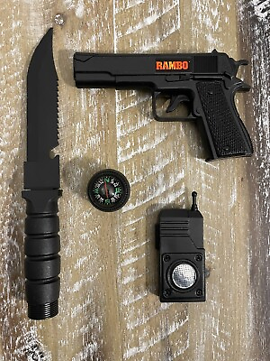 #ad Rambo Toy Set Survival Knife Gun Radio Plastic Playset Toys Vintage 1985 $59.95