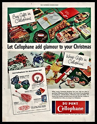 #ad 1948 DuPont CELLOPHANE Christmas Decorations amp; Wrapping Mid Century Vintage AD $12.98