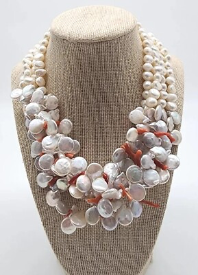 #ad Genuine freshwater Baroque Coin pearl Multistrand Statement necklace Coral $95.00