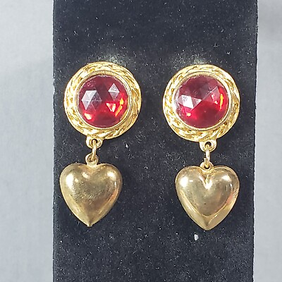 #ad Dangle Heart Earrings Gold Tone Mid Century Retro Modernist Boho Pierced 1.5quot; $9.99