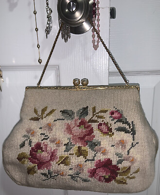 Vintage Needlepoint Purse Handbag CHRISTINE Custom Bags Detroit Michigan ROSES $44.95