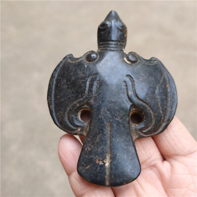 #ad China Hongshan Culture Jade Black Old Magnet Hand Carved Eagle Amulet Pendant $17.09