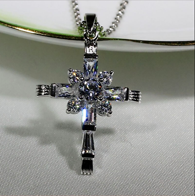 #ad 2.00Ct Round Cut Lab Created Diamond Cross Pendant 14K White Gold Plated Silver $149.99