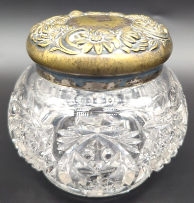 #ad Cut Glass Vanity Dresser Jar with a Floral Repousse Metal Lid $65.00